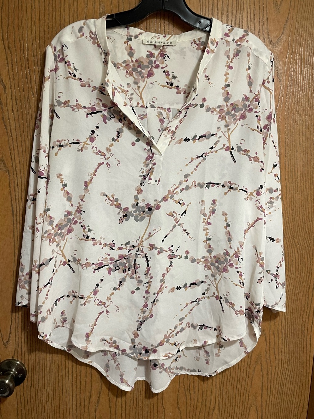 Daniel Rainn White V-Neck Blouse with Pink and Gray Floral Dots